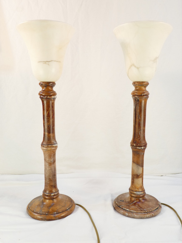 Pair of vintage lamps in natural stone and alabaster, PEGASAM style