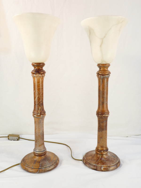 Pair of vintage lamps in natural stone and alabaster, PEGASAM style