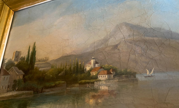 View of the Castle on Lake Bourget oil on canvas well framed 19th century by L Leingt