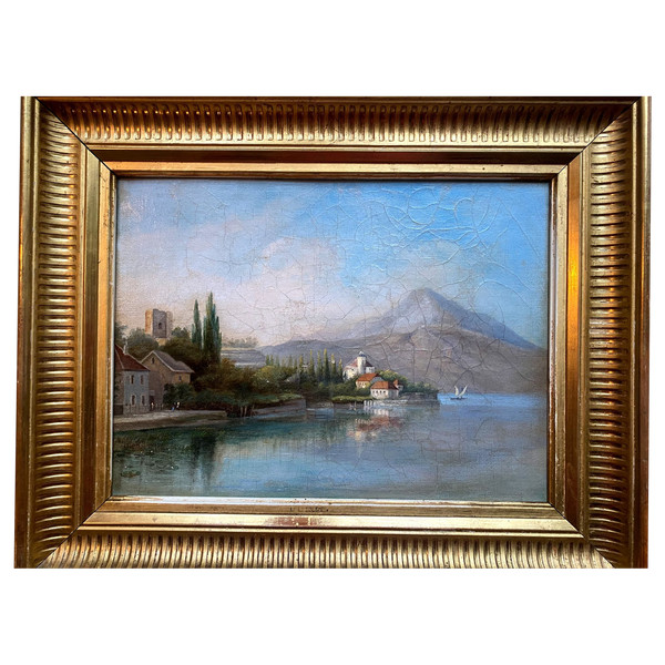 View of the Castle on Lake Bourget oil on canvas well framed 19th century by L Leingt