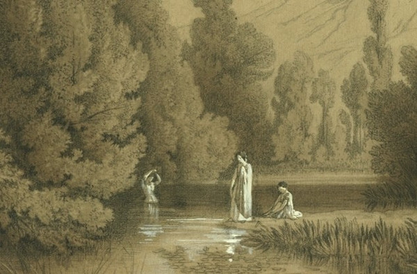 Women at the river - Original old drawing - Charcoal and white gouache