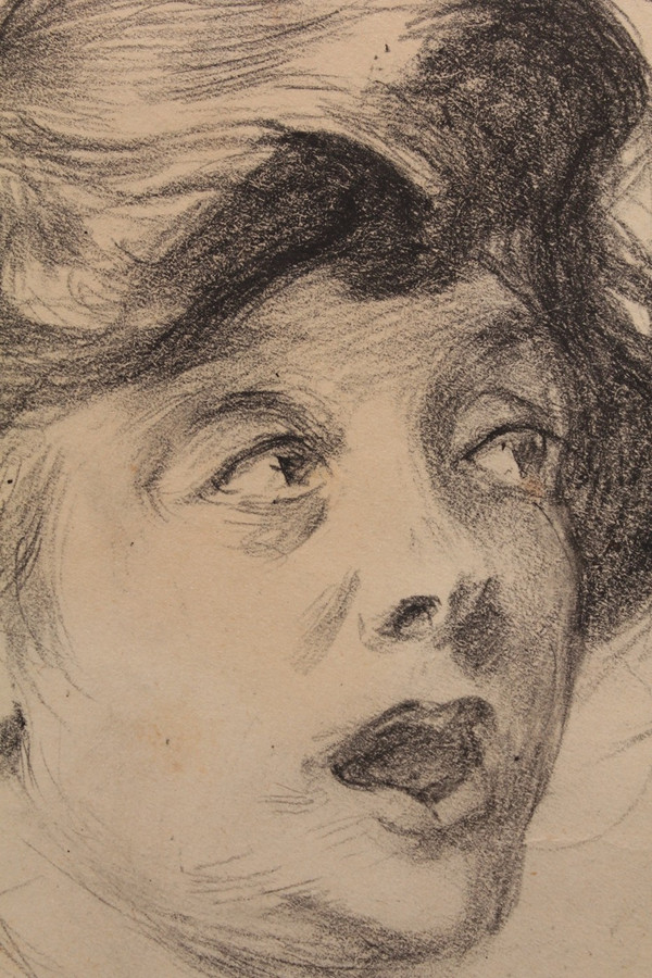 Charcoal drawing with round view 'La Surprise' Louis Malteste (1862-1928)