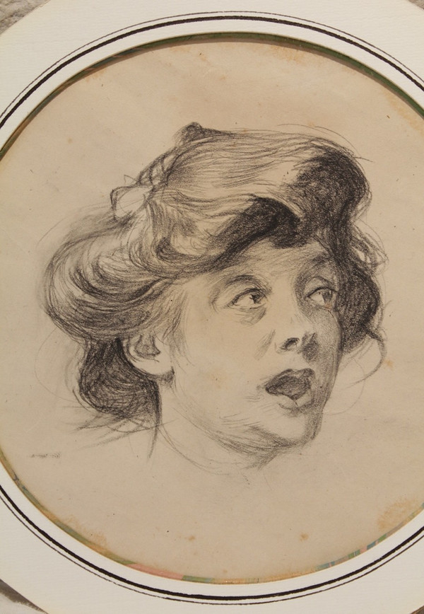 Charcoal drawing with round view 'La Surprise' Louis Malteste (1862-1928)