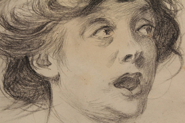 Charcoal drawing with round view 'La Surprise' Louis Malteste (1862-1928)