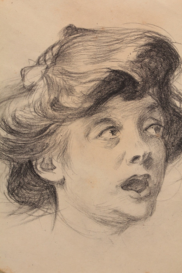 Charcoal drawing with round view 'La Surprise' Louis Malteste (1862-1928)