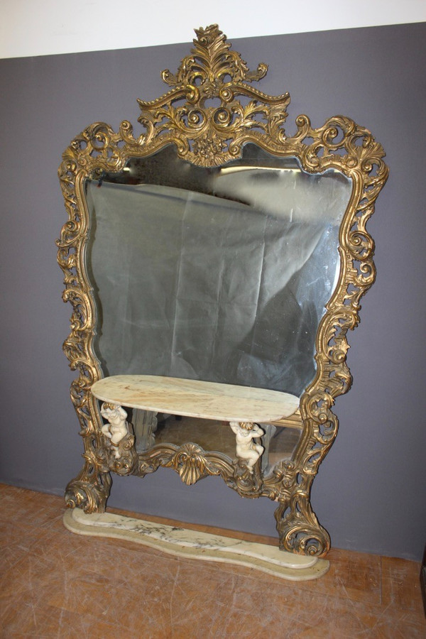 Très Grand Miroir Et Console Rococo Italien Vers 1950