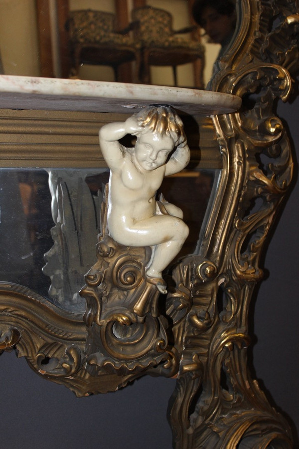 Très Grand Miroir Et Console Rococo Italien Vers 1950