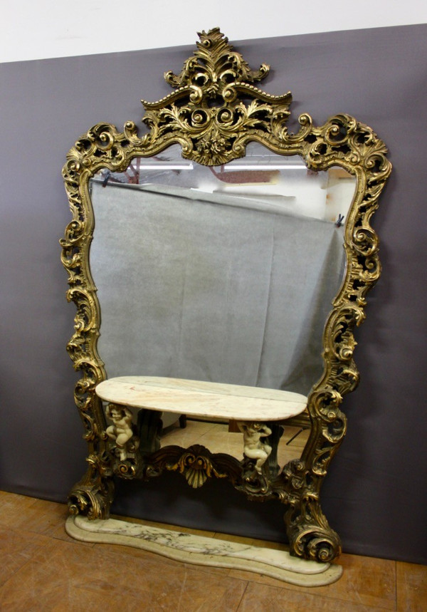 Très Grand Miroir Et Console Rococo Italien Vers 1950