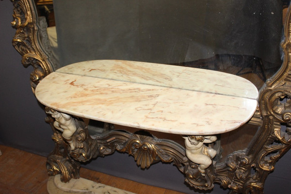 Très Grand Miroir Et Console Rococo Italien Vers 1950