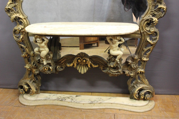 Très Grand Miroir Et Console Rococo Italien Vers 1950