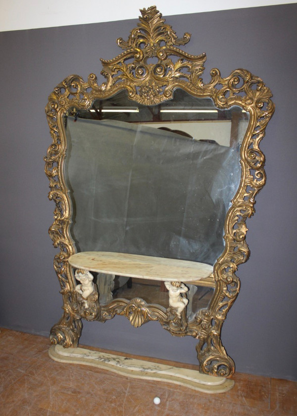 Très Grand Miroir Et Console Rococo Italien Vers 1950