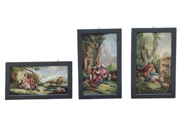 Set of three 19th century earthenware paintings