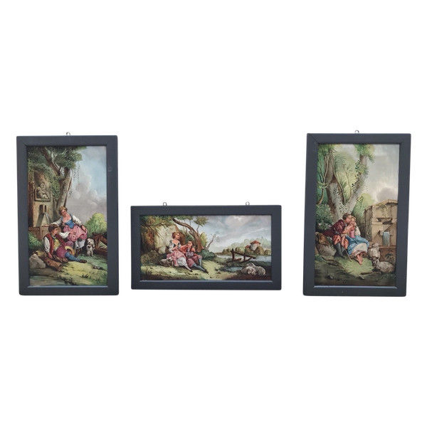 Set of three 19th century earthenware paintings