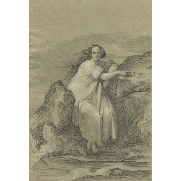 Giulio PIATTI (1816-1872) - Italy - Woman on a rock - Original old drawing