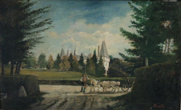 oil on wood, ox team in front of a castle by P Rondé