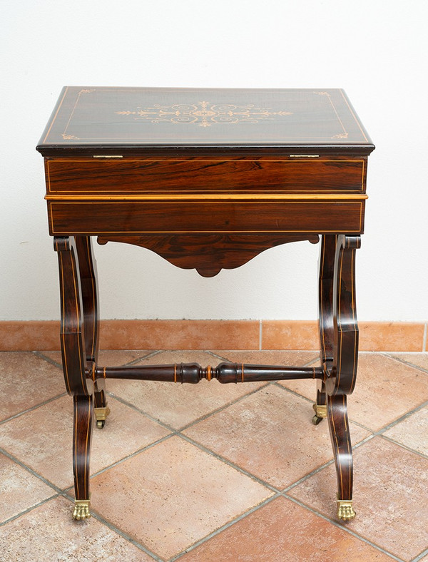 Antique Charles X work table, early 19th century.