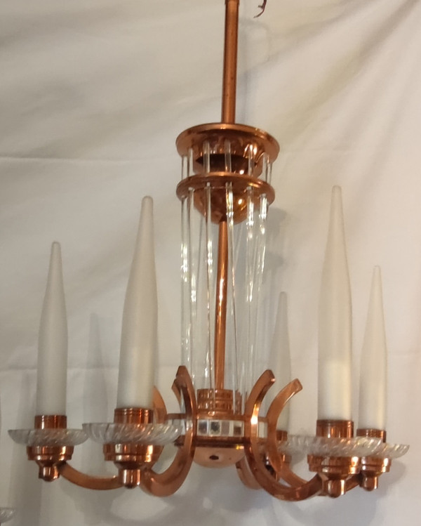 Beleuchtungsset Kronleuchter Art Deco Stehlampe Henri Petitot Kupfer und Glas