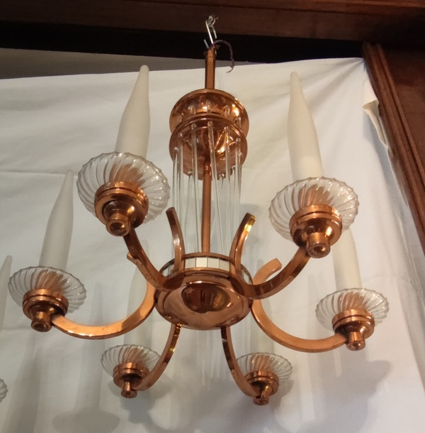 Beleuchtungsset Kronleuchter Art Deco Stehlampe Henri Petitot Kupfer und Glas