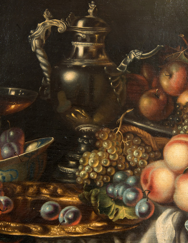 Old Oil Painting on Canvas Still Life with Fruits. 18th Century Period.