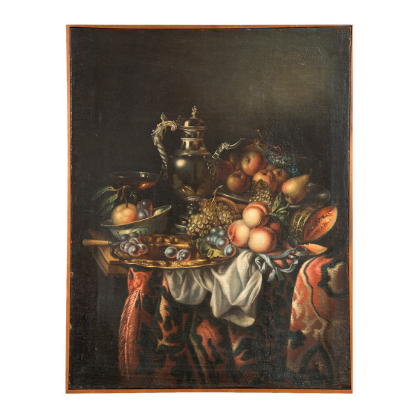 Old Oil Painting on Canvas Still Life with Fruits. 18th Century Period.