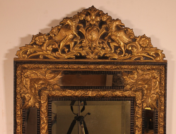 Mirror With Sculpted Coper And Ebony Wood Decoration - Early 19th Century