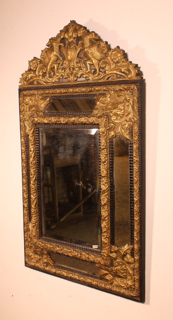 Mirror With Sculpted Coper And Ebony Wood Decoration - Early 19th Century