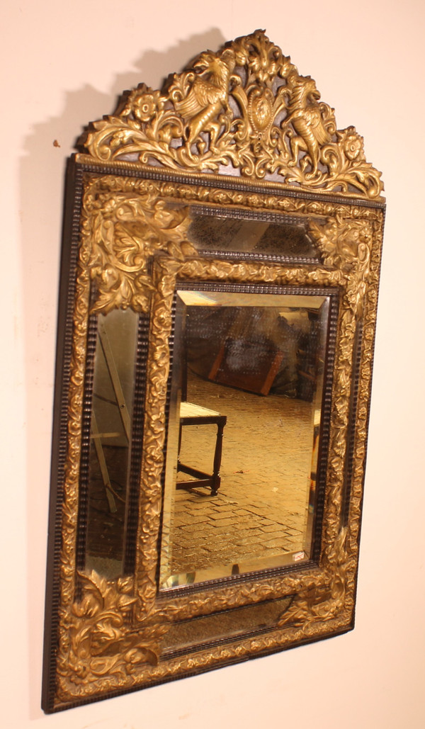 Mirror With Sculpted Coper And Ebony Wood Decoration - Early 19th Century