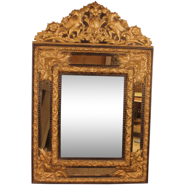 Mirror With Sculpted Coper And Ebony Wood Decoration - Early 19th Century