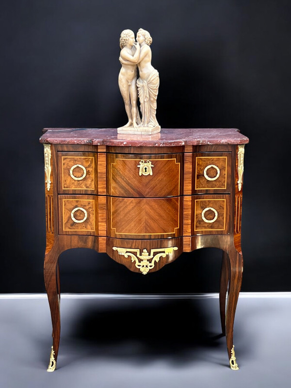 ANTIQUE 19TH CENTURY MARQUETRY CHEST OF DRAWERS WITH TRANSITION STYLE MARBLE TOP