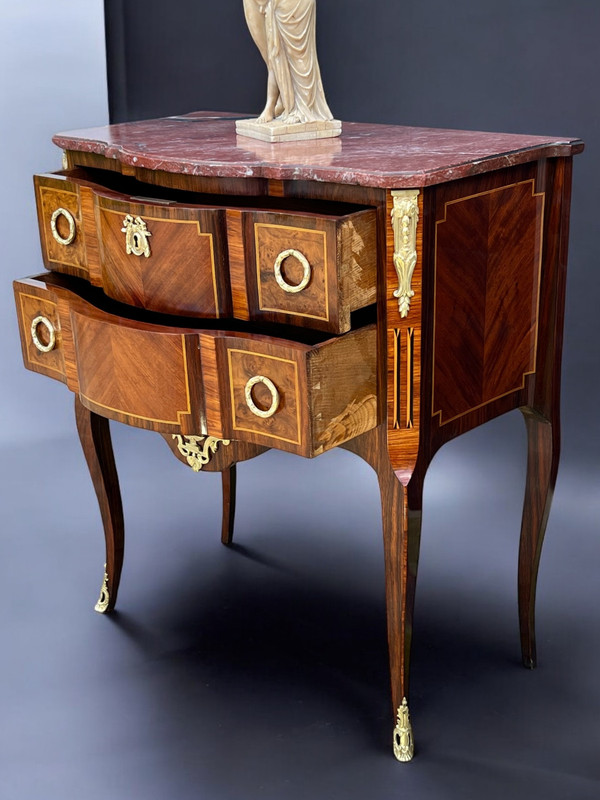 ANTIQUE 19TH CENTURY MARQUETRY CHEST OF DRAWERS WITH TRANSITION STYLE MARBLE TOP