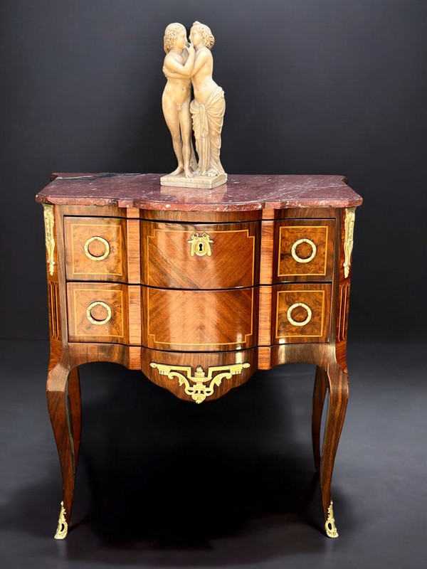 ANTIQUE 19TH CENTURY MARQUETRY CHEST OF DRAWERS WITH TRANSITION STYLE MARBLE TOP