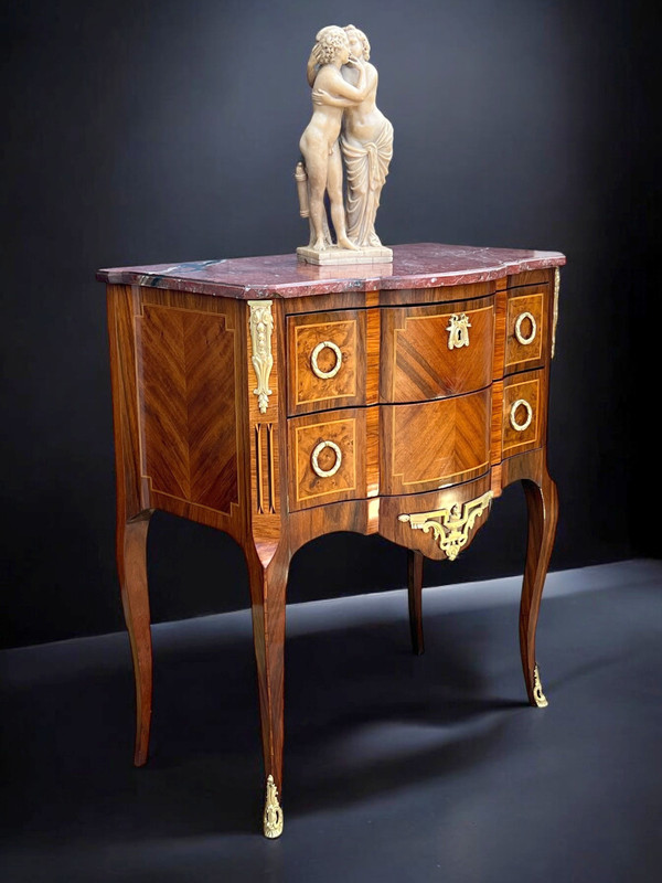 ANTIQUE 19TH CENTURY MARQUETRY CHEST OF DRAWERS WITH TRANSITION STYLE MARBLE TOP