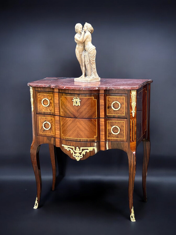 ANTIQUE 19TH CENTURY MARQUETRY CHEST OF DRAWERS WITH TRANSITION STYLE MARBLE TOP