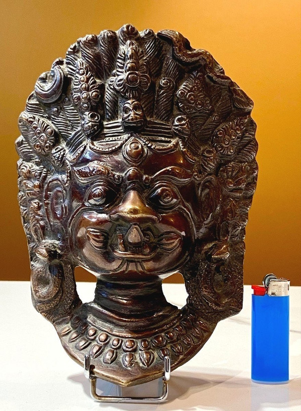 Nepal, First Half of the 20th Century, Bronze Mask of Durga in Her Wrathful Form.