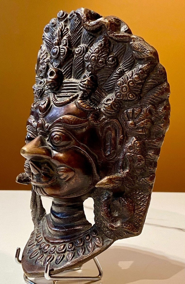 Nepal, First Half of the 20th Century, Bronze Mask of Durga in Her Wrathful Form.