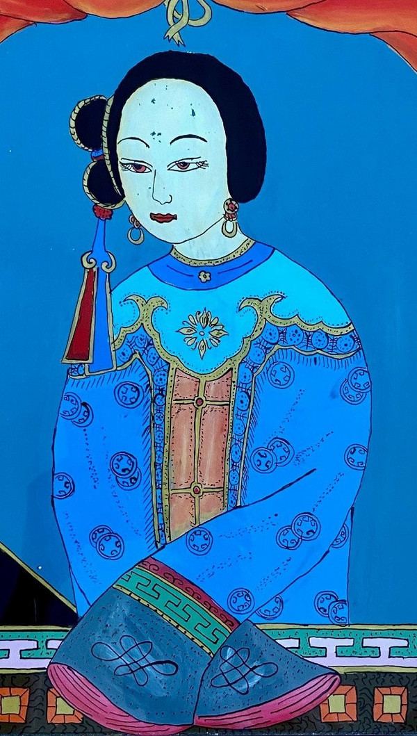 China, 1920s, Glass Painting Depicting a Court Lady in Traditional Dress