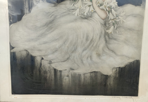 Old large framed lithograph The Lady with the Lilies Louis Icart Old large framed lithograph