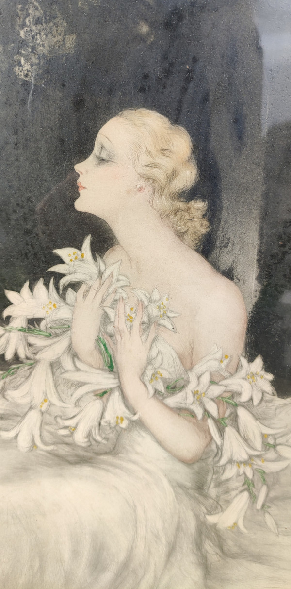 Old large framed lithograph The Lady with the Lilies Louis Icart Old large framed lithograph