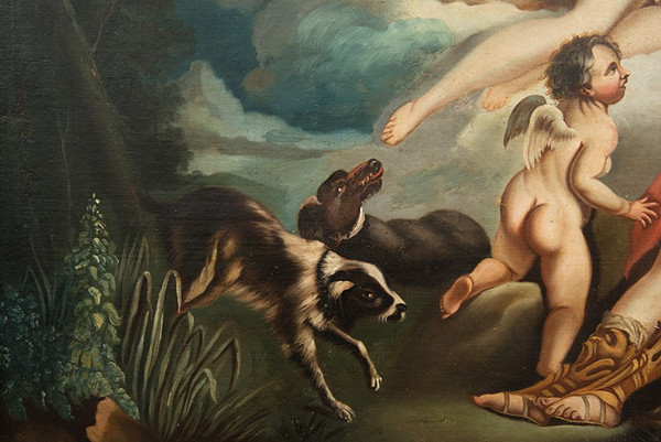 Old Oil Painting on Canvas Representing Venus and Adonis. France 18th Century.