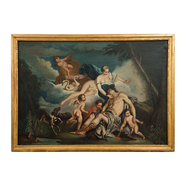 Old Oil Painting on Canvas Representing Venus and Adonis. France 18th Century.