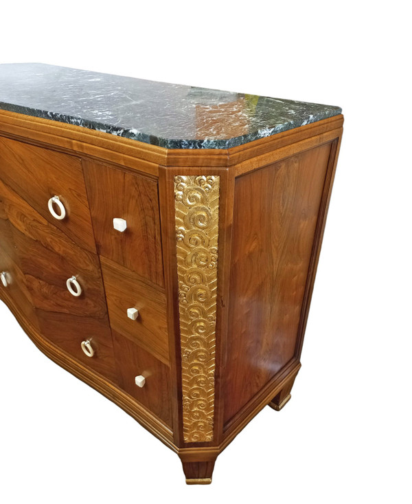 Art Deco Curved Chest of Drawers in Rosewood and Gilded Wood