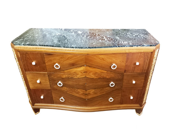 Art Deco Curved Chest of Drawers in Rosewood and Gilded Wood