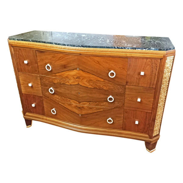 Art Deco Curved Chest of Drawers in Rosewood and Gilded Wood