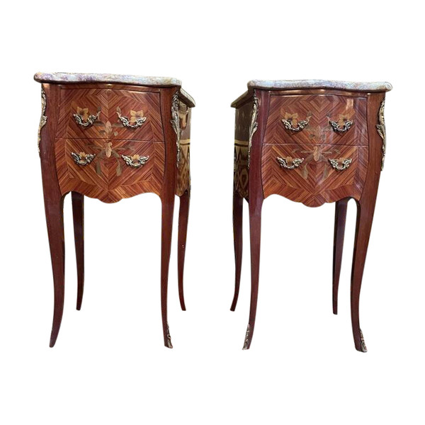 Pair of Louis XV style marquetry bedside tables - Transition