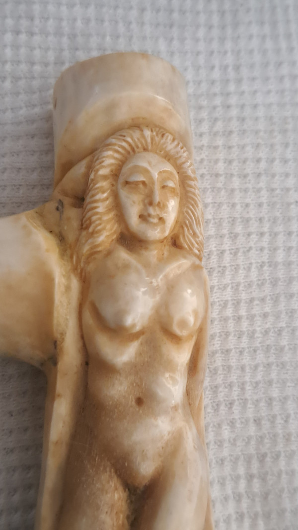 Erotic bovine bone carved cane knob