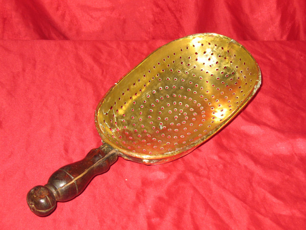 18th century brass curd strainer