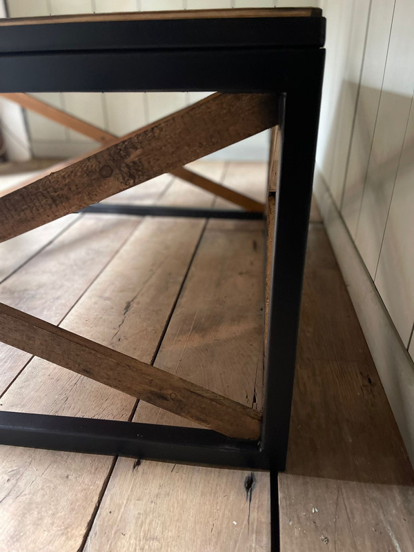 Coffee table with old castle floor on metal frame