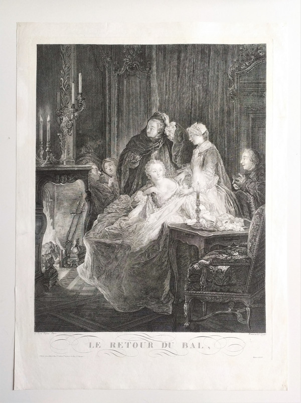 Etching Genre Scenecoming From The Ball By Beauvarlet 18th C Engraving Old Print