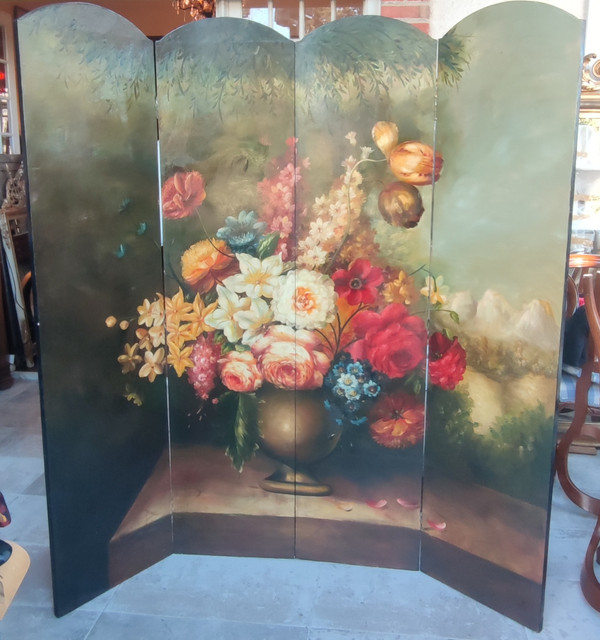 Antique Oil Painted Decorative Screen Bouquet De Fleurs Nature Morte 4 panels