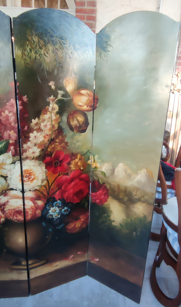 Antique Oil Painted Decorative Screen Bouquet De Fleurs Nature Morte 4 panels